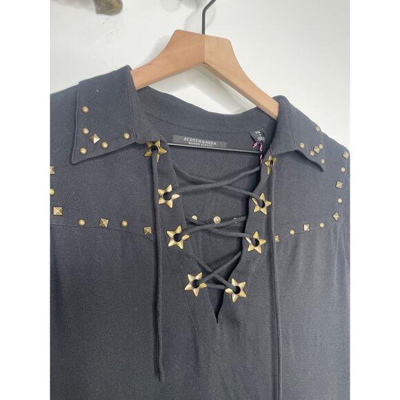 NWT Scotch & Soda Black Tie Front Long Sleeve Dress Small Witchy Goth Emo - Picture 4 of 8